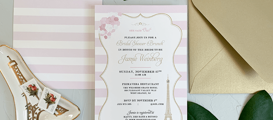 Pink and White Striped Eiffel Tower Paris Bridal Shower Invitation