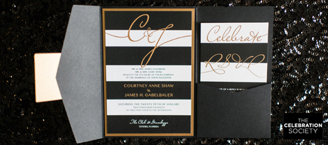Courtney and Jim Black and Gold Invitation Suite