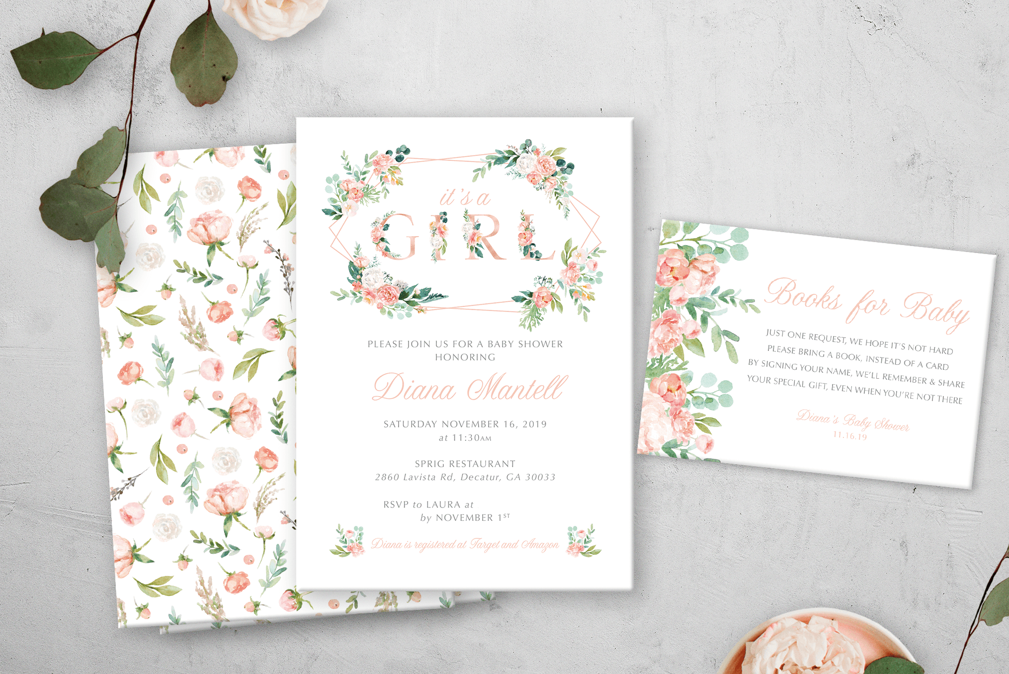 Geometric Floral Girl Baby Shower Invitation