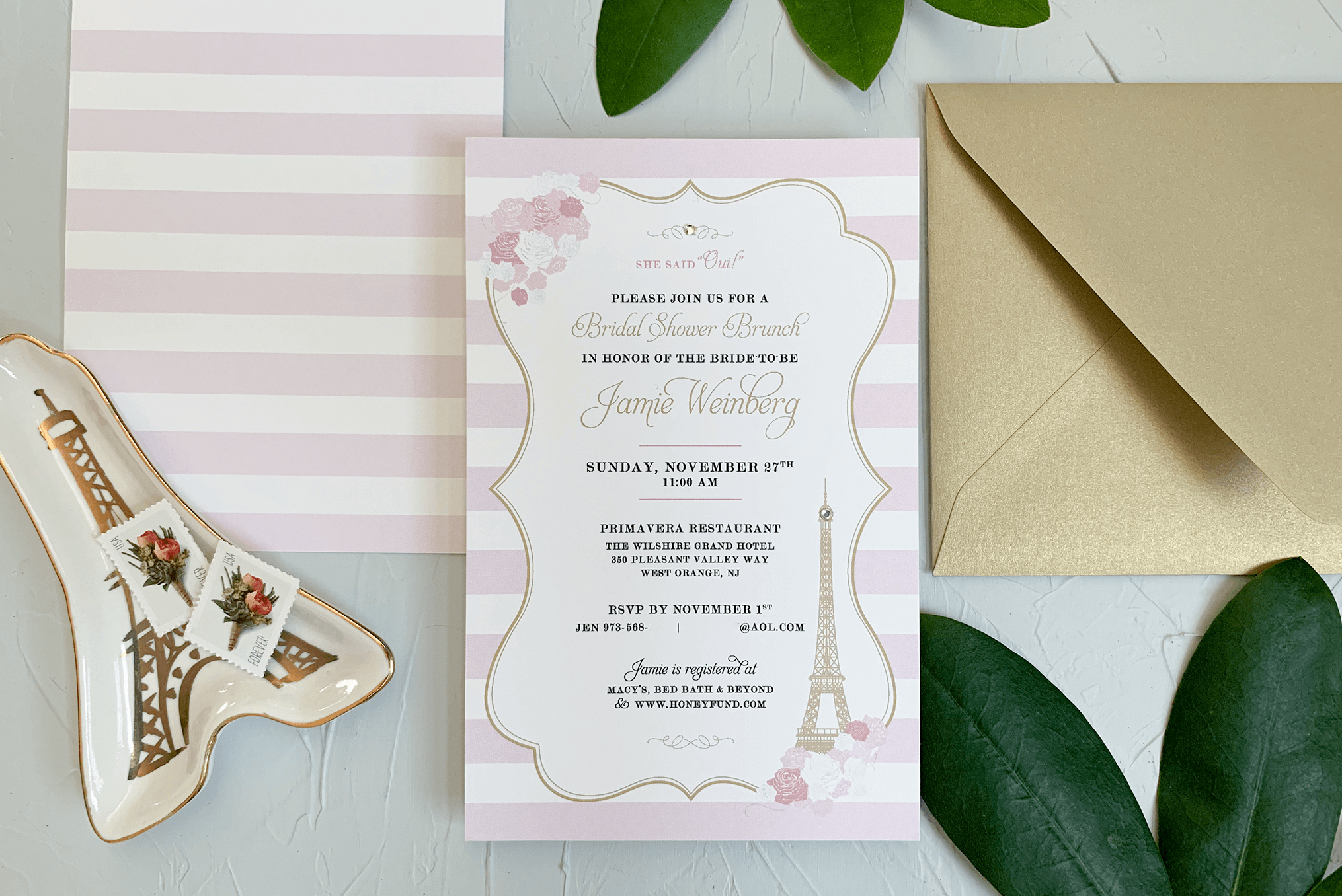 Pink and White Striped Eiffel Tower Paris Bridal Shower Invitation