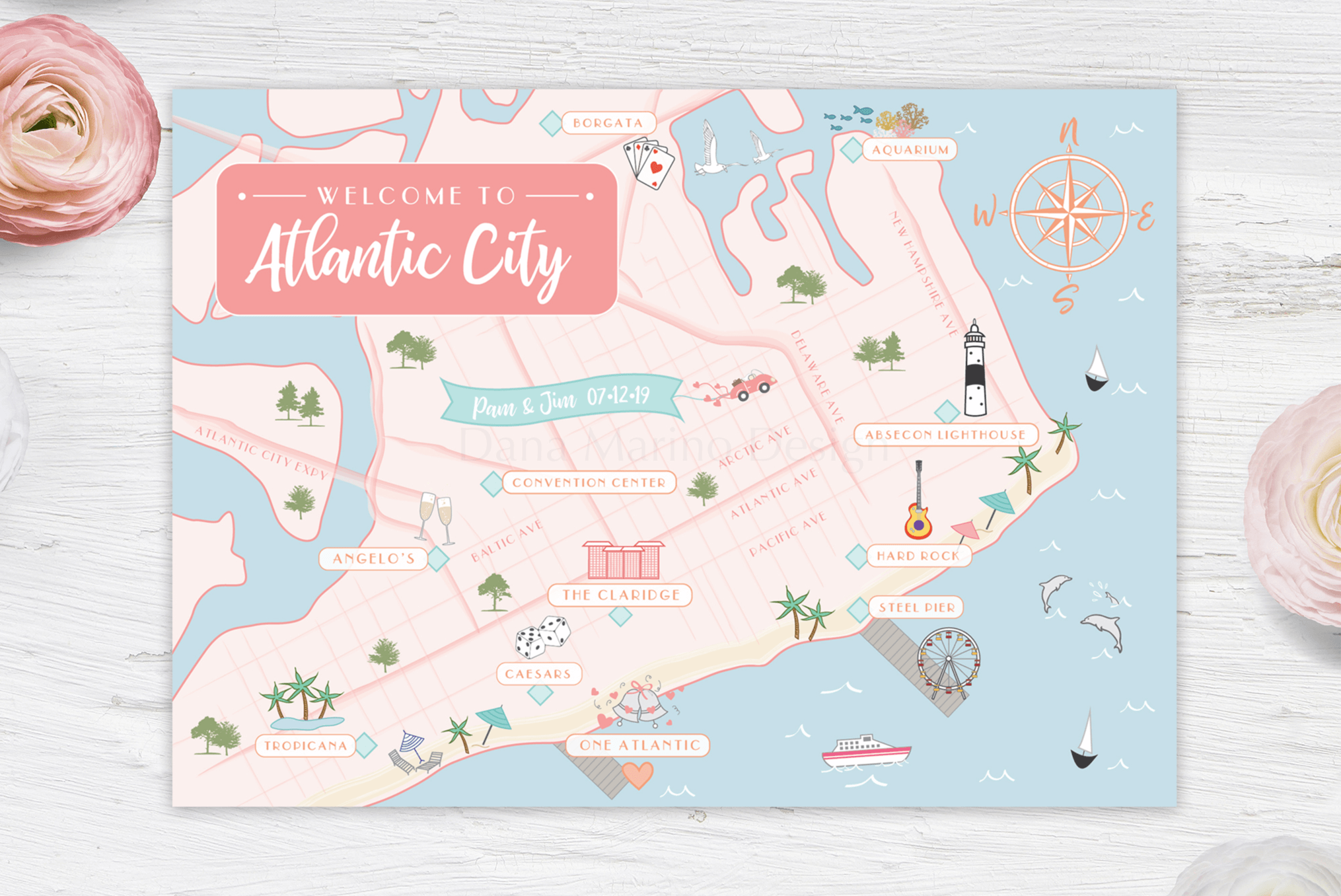 Atlantic City, New Jersey Custom Wedding Map