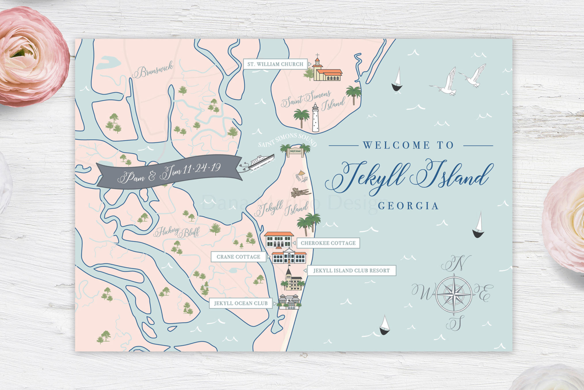 Jekyll Island, Georgia Custom Wedding Map