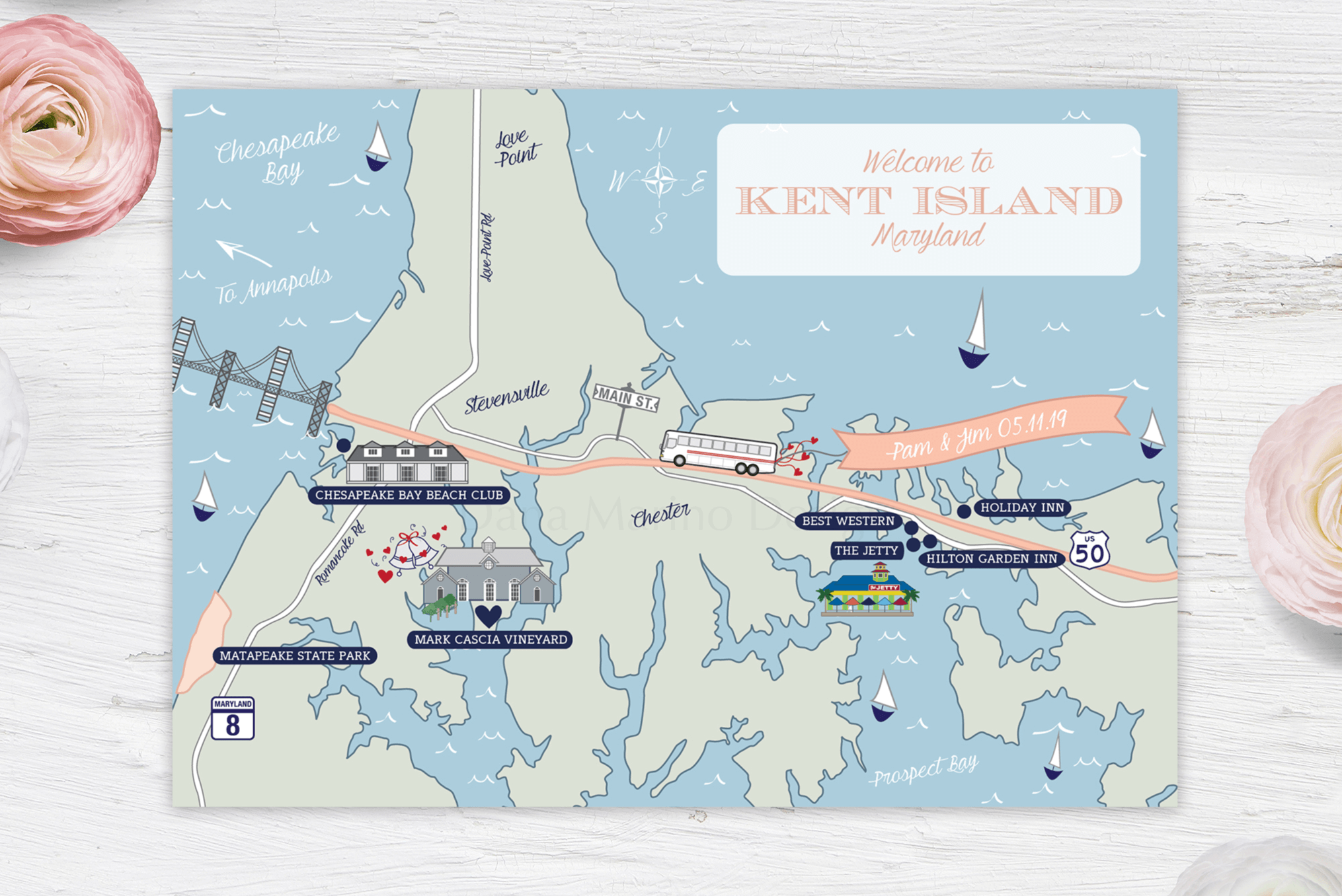 Kent Island, Maryland Custom Wedding Map