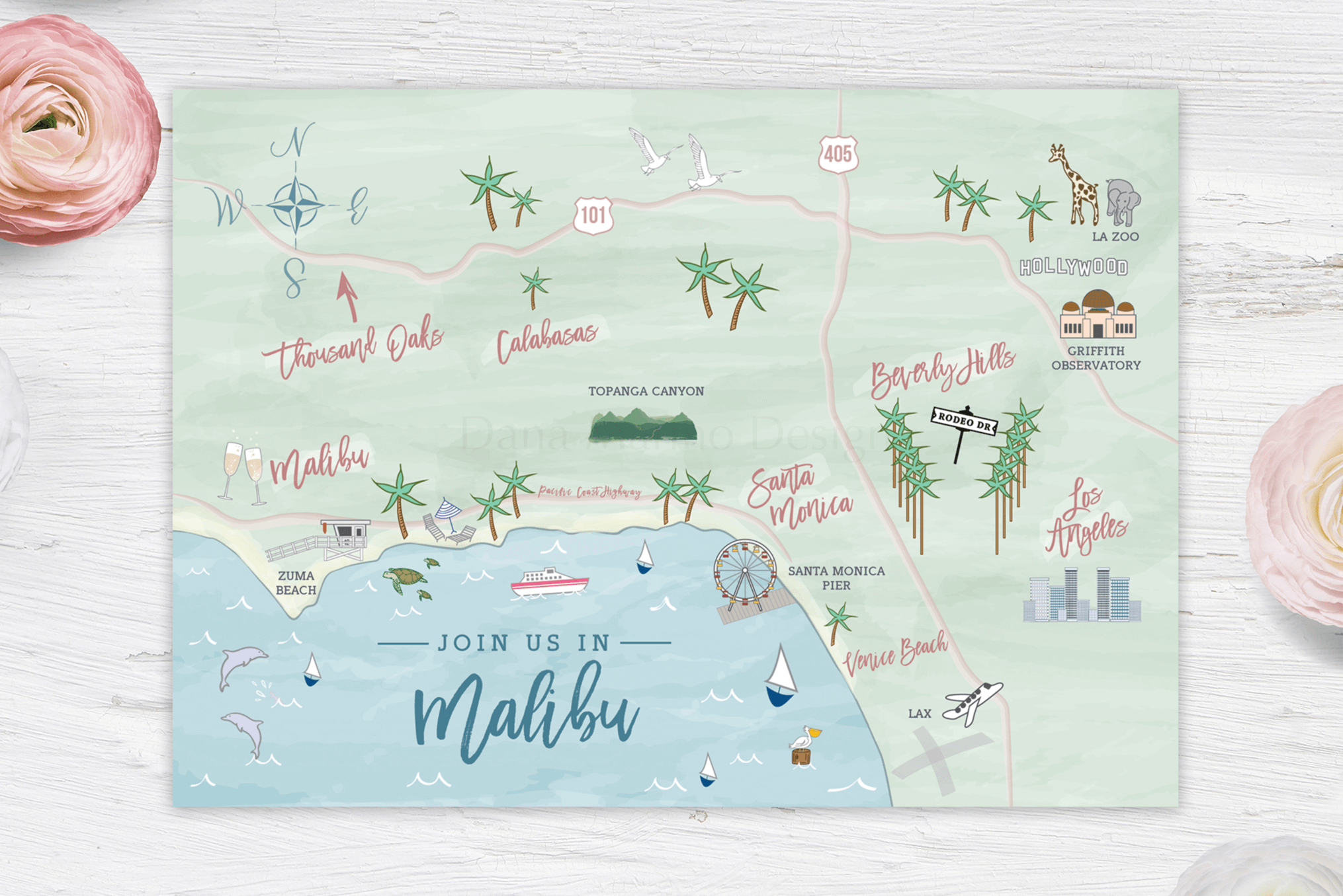 Malibu, California Custom Wedding Map