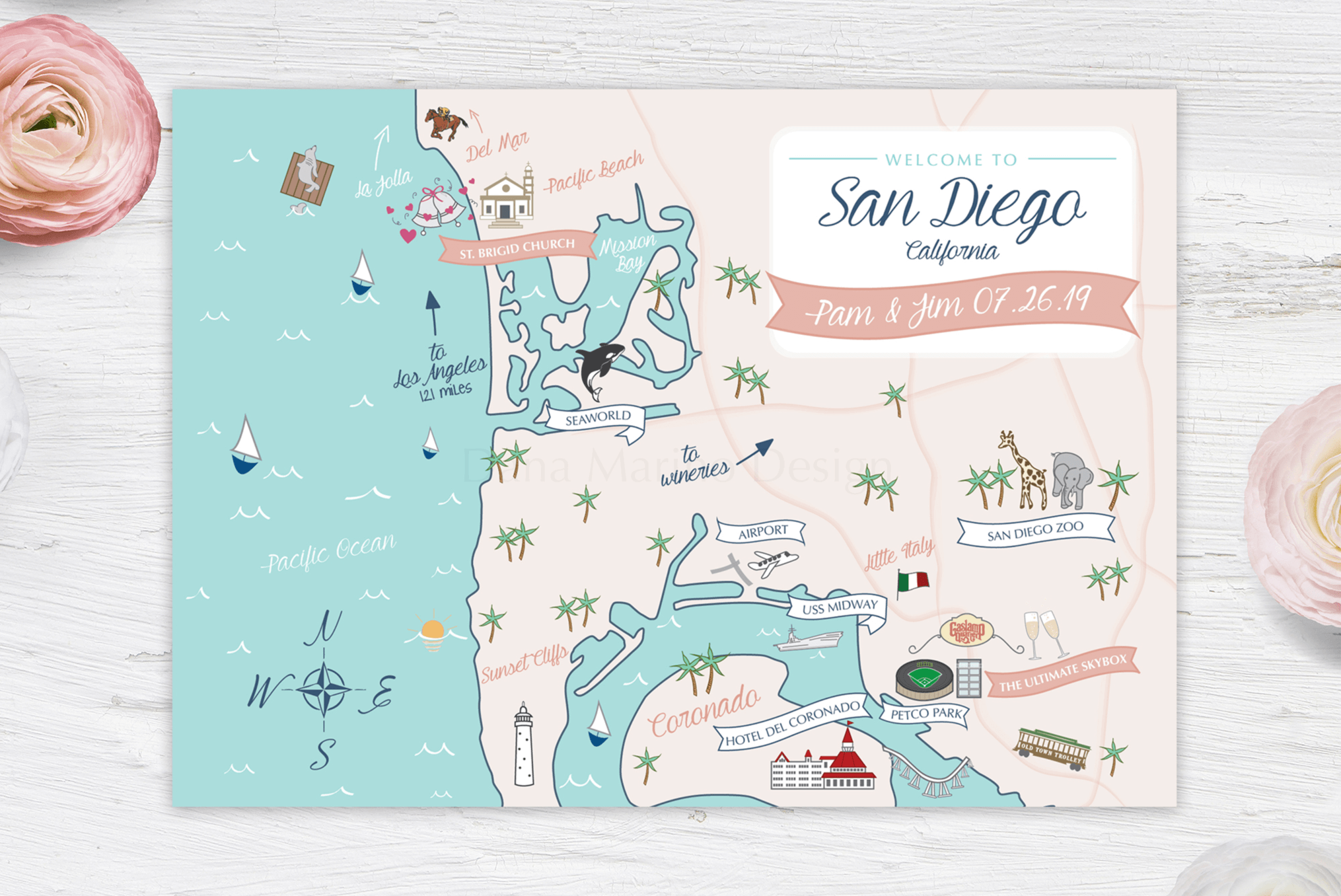 San Diego, California Custom Wedding Map