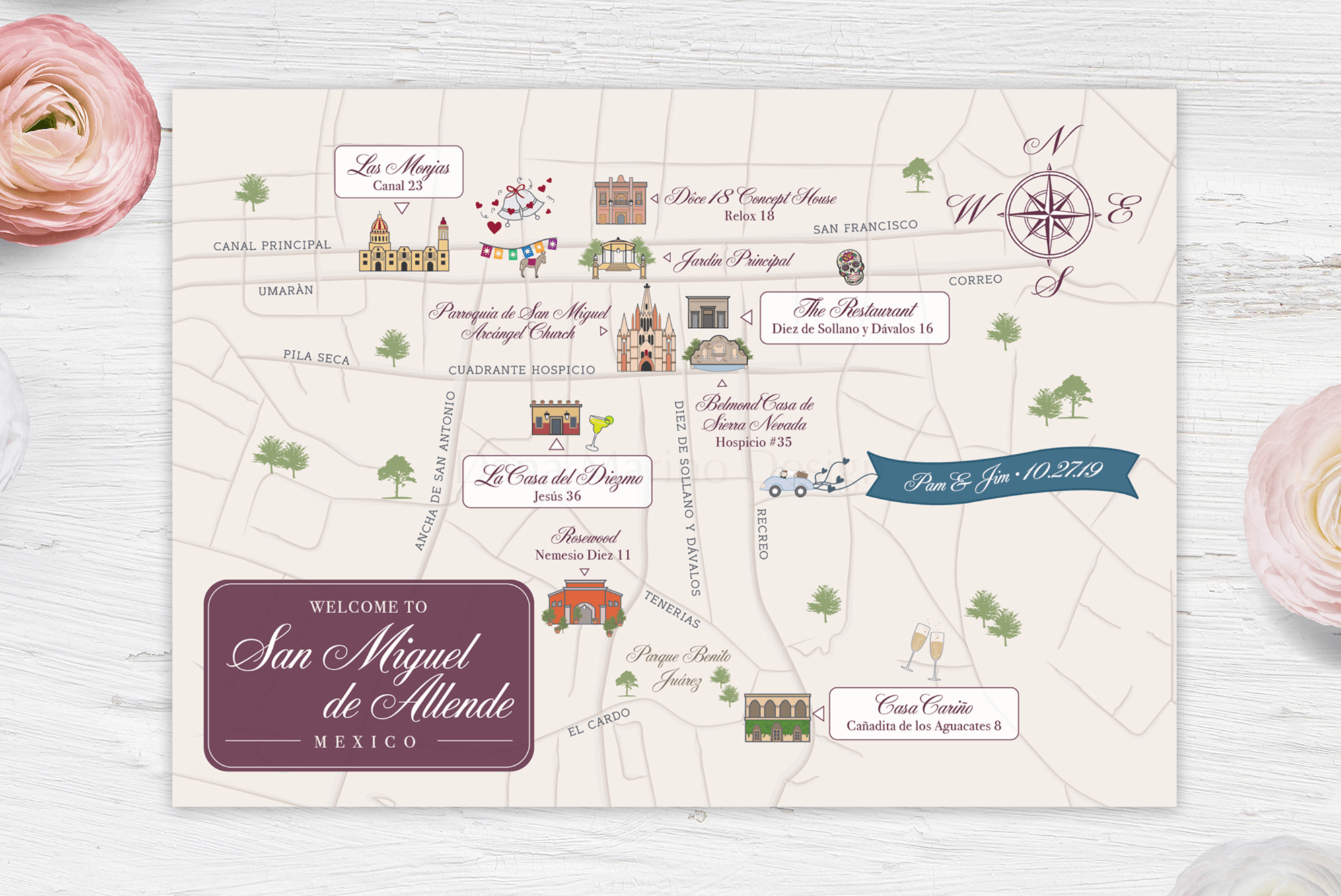 San Miguel de Allende, Mexico Custom Wedding Map
