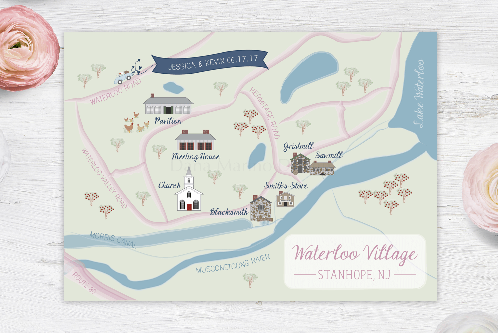 Waterloo Village, New Jersey Custom Wedding Map