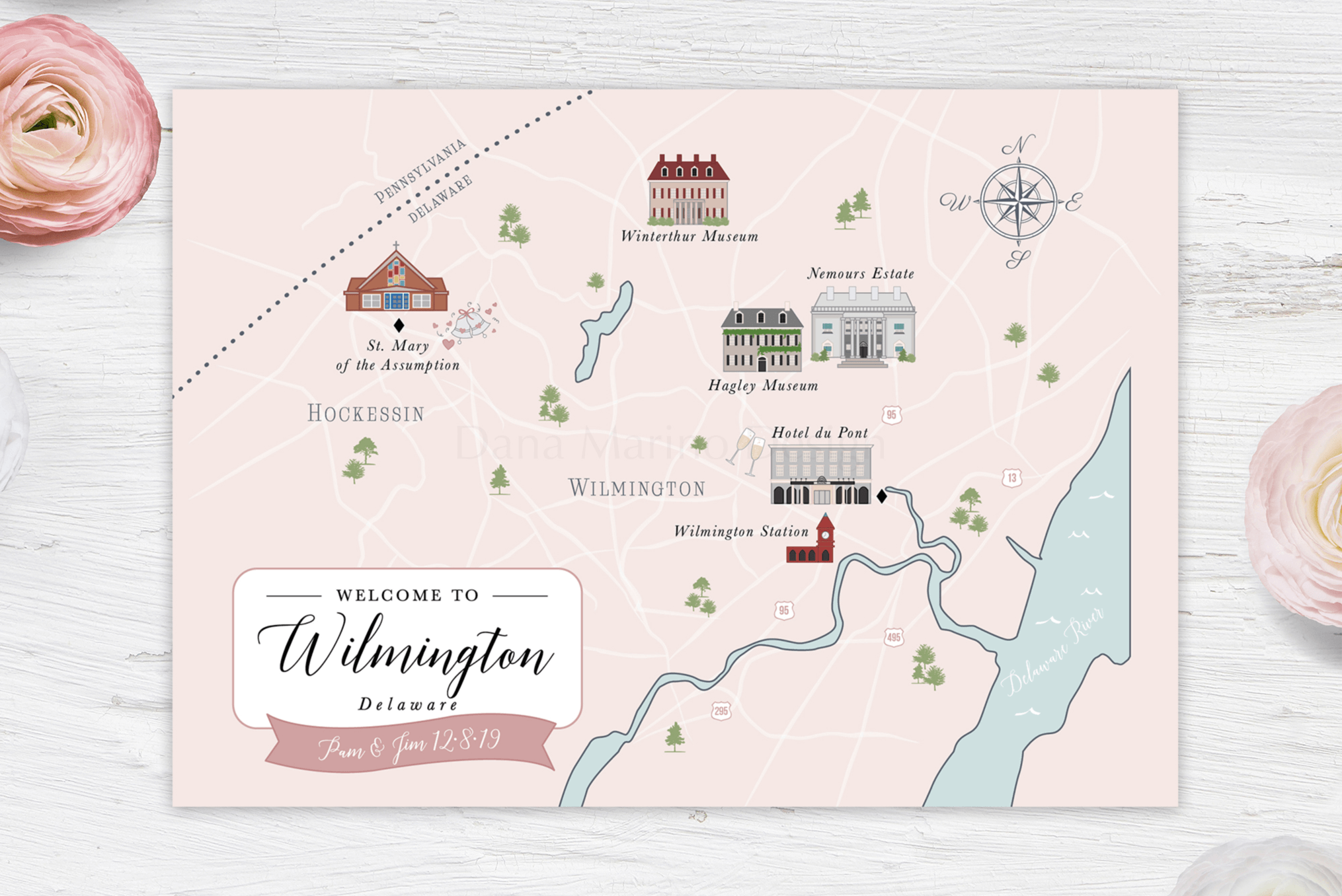 Wilmington, Delaware Custom Wedding Map