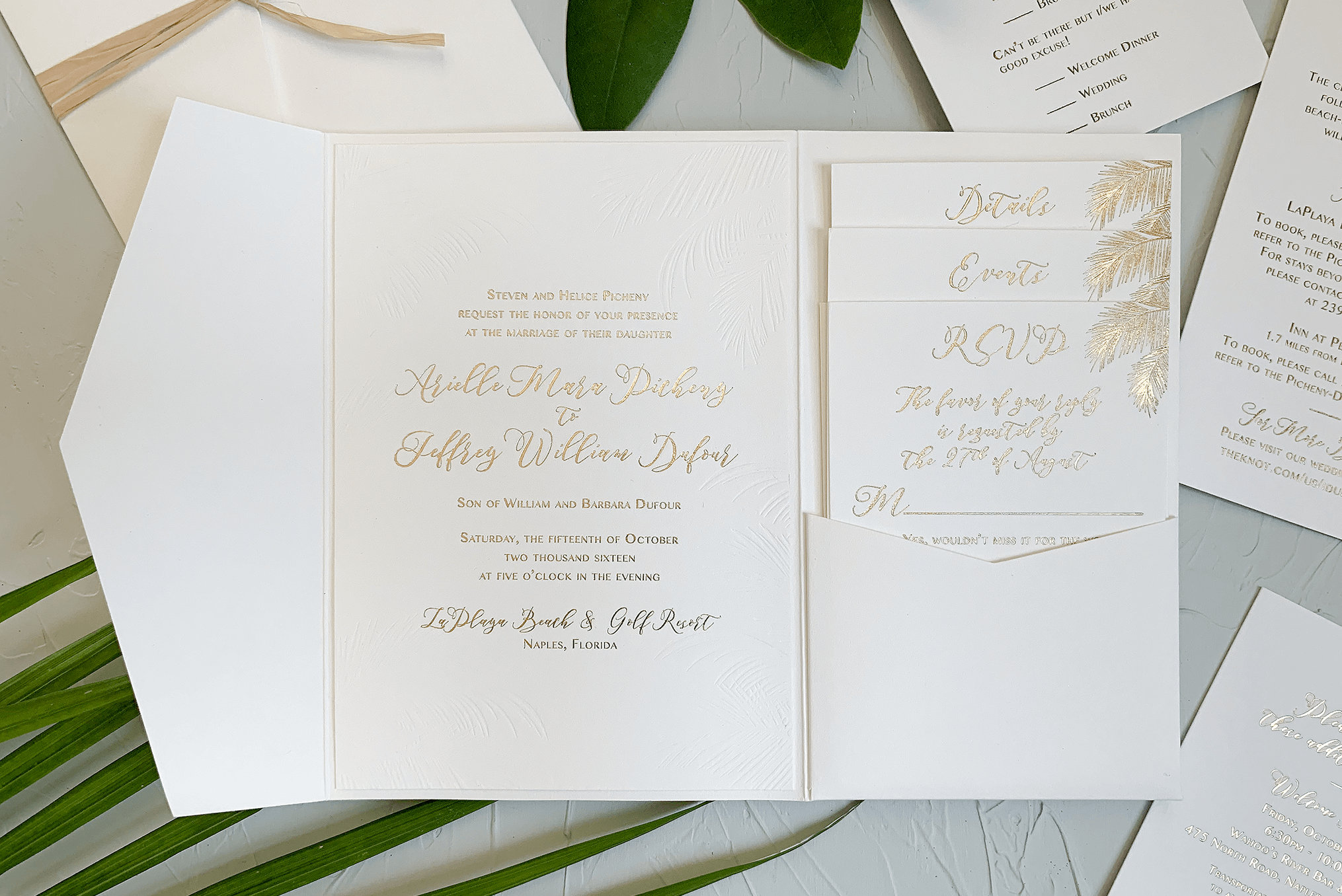 White Gold Foil Palm Tree Wedding Invitation