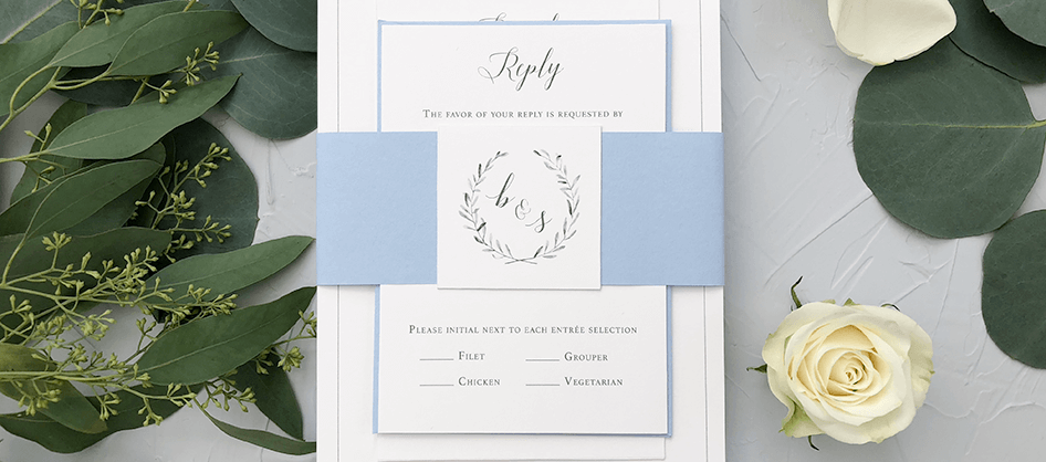 White and Light Blue Stacked Wedding Invitation with Belly Band