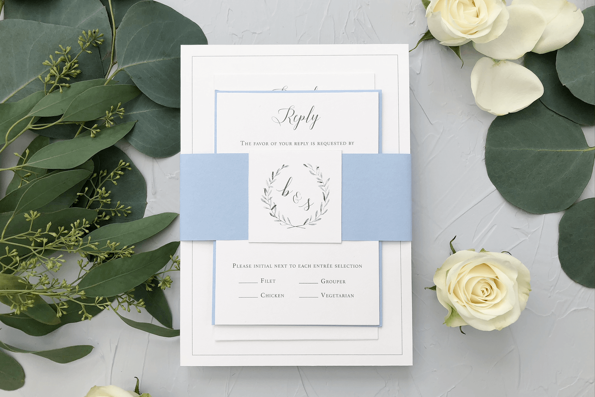 White and Light Blue Stacked Wedding Invitation with Belly Band