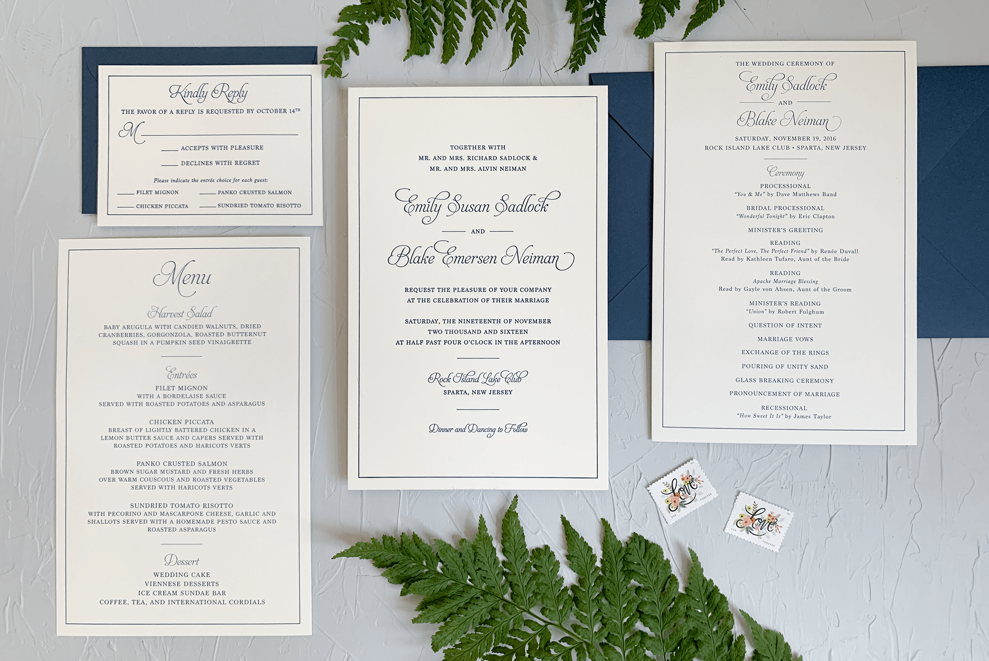 Cobalt Blue Letterpress Wedding Invitation Suite and Menu