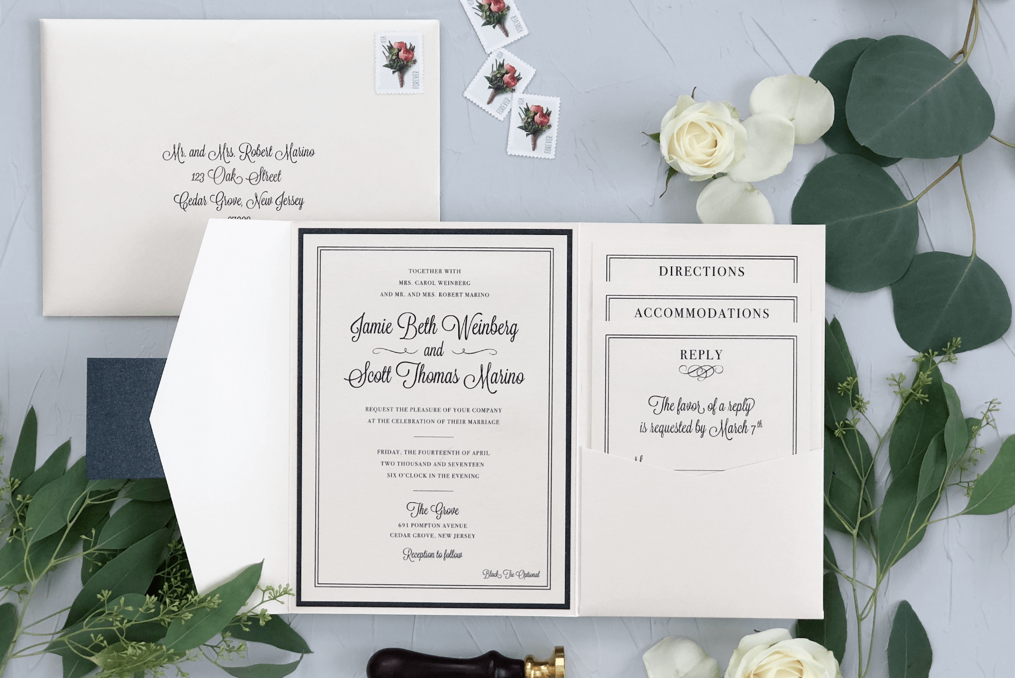 Cream and Black Pocket Wedding Invitations