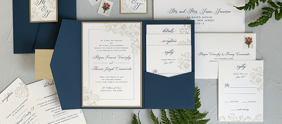 Navy and Gold Floral Pocket Invitation