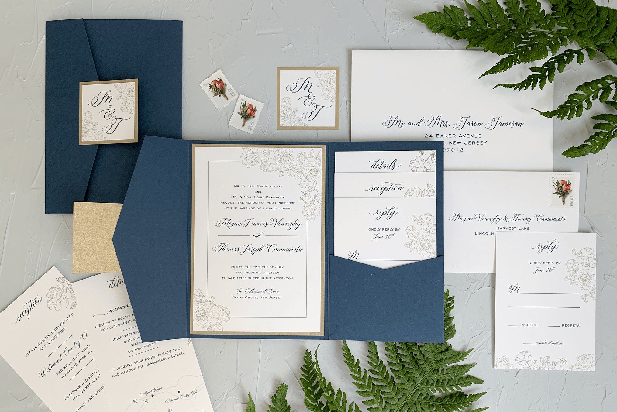 Navy and Gold Floral Pocket Invitation