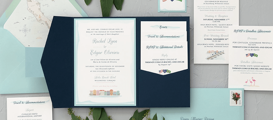 Navy Blue and Aqua Curacao Wedding Invitation Suite