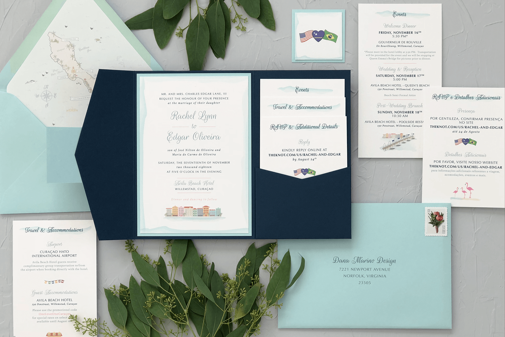 Navy Blue and Aqua Curacao Wedding Invitation Suite