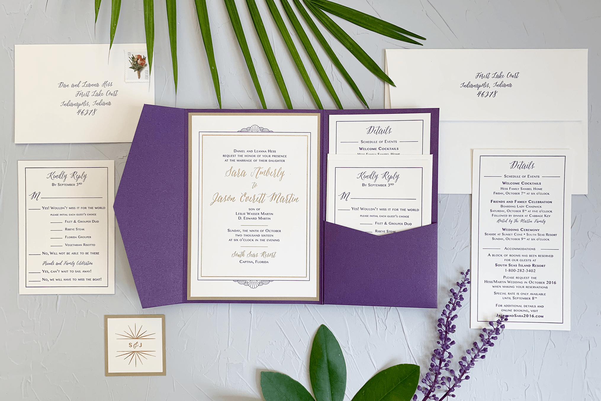 Purple and Gold Florida Wedding Invitation