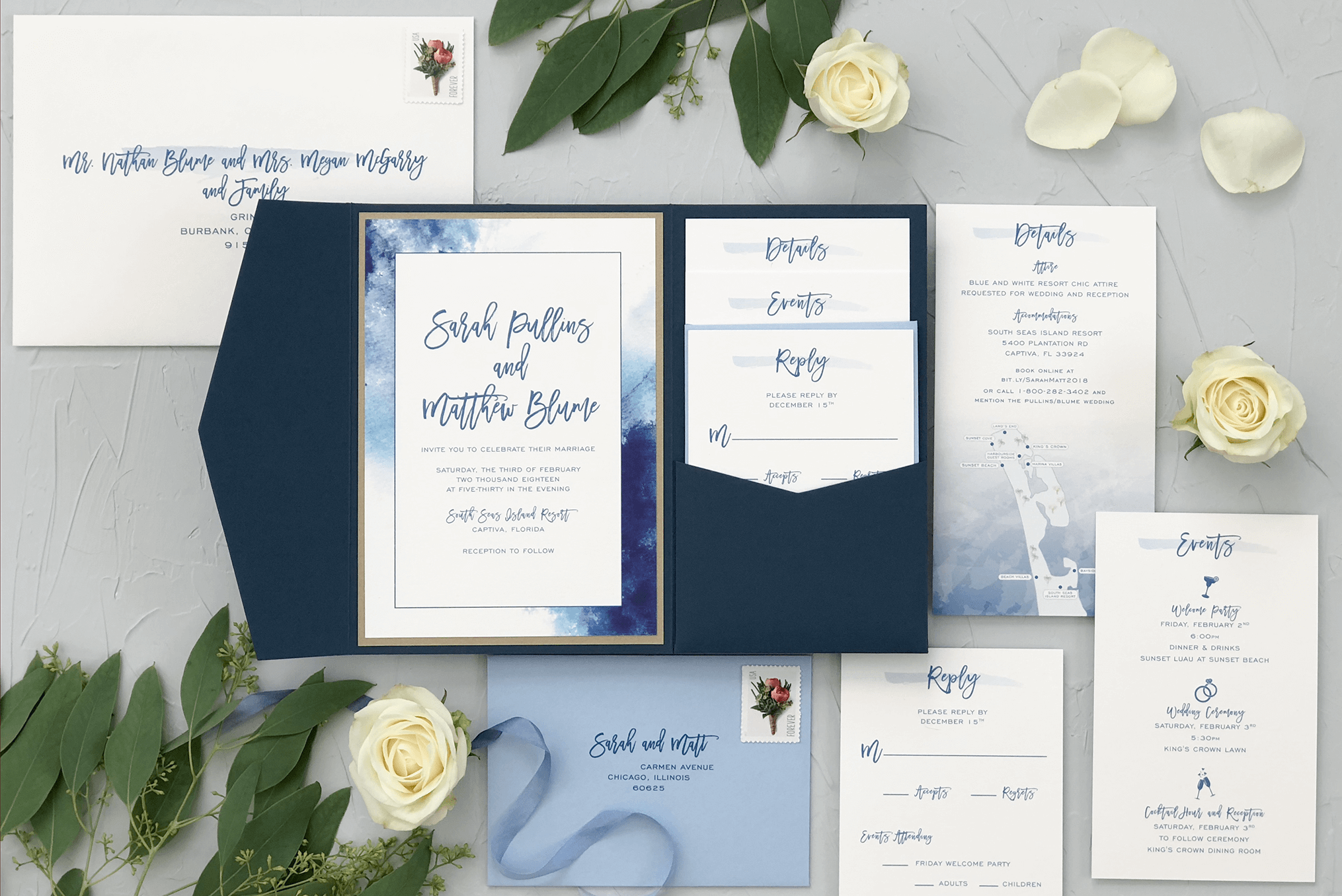 Blue Watercolor Pocket Wedding Invitation
