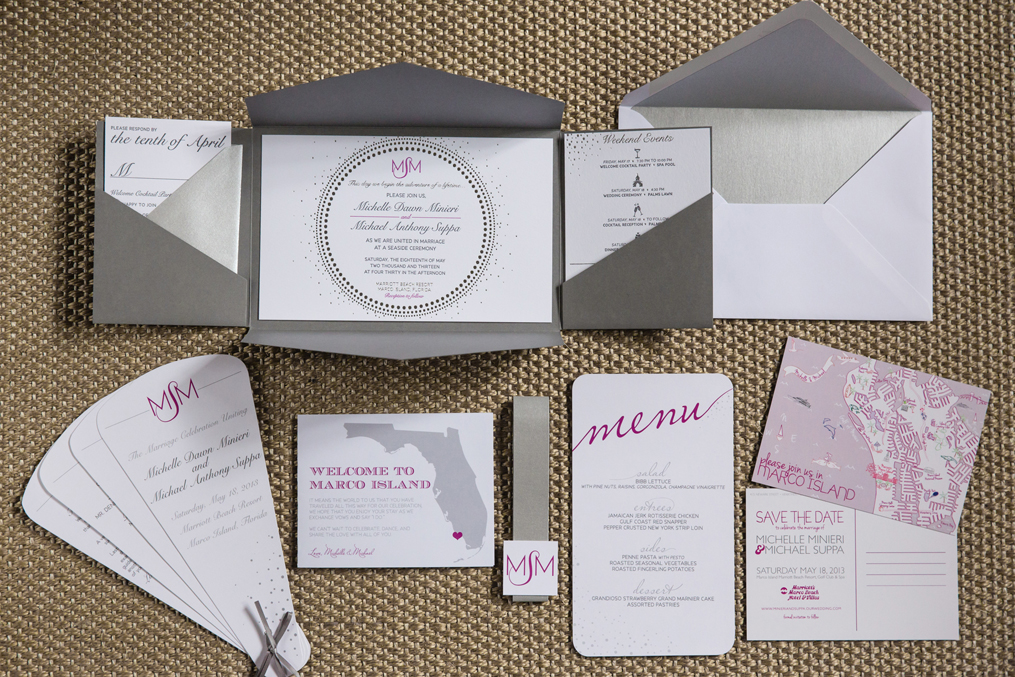 Fuschia, Grey and Silver Marco Island Wedding Invitation Suite